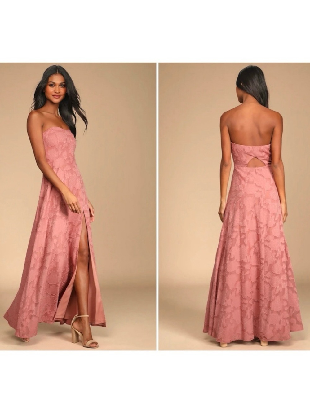 Lulu's Size Medium Dusty Rose Burnout Strapless Maxi Dress Summer Boho‎ Slit